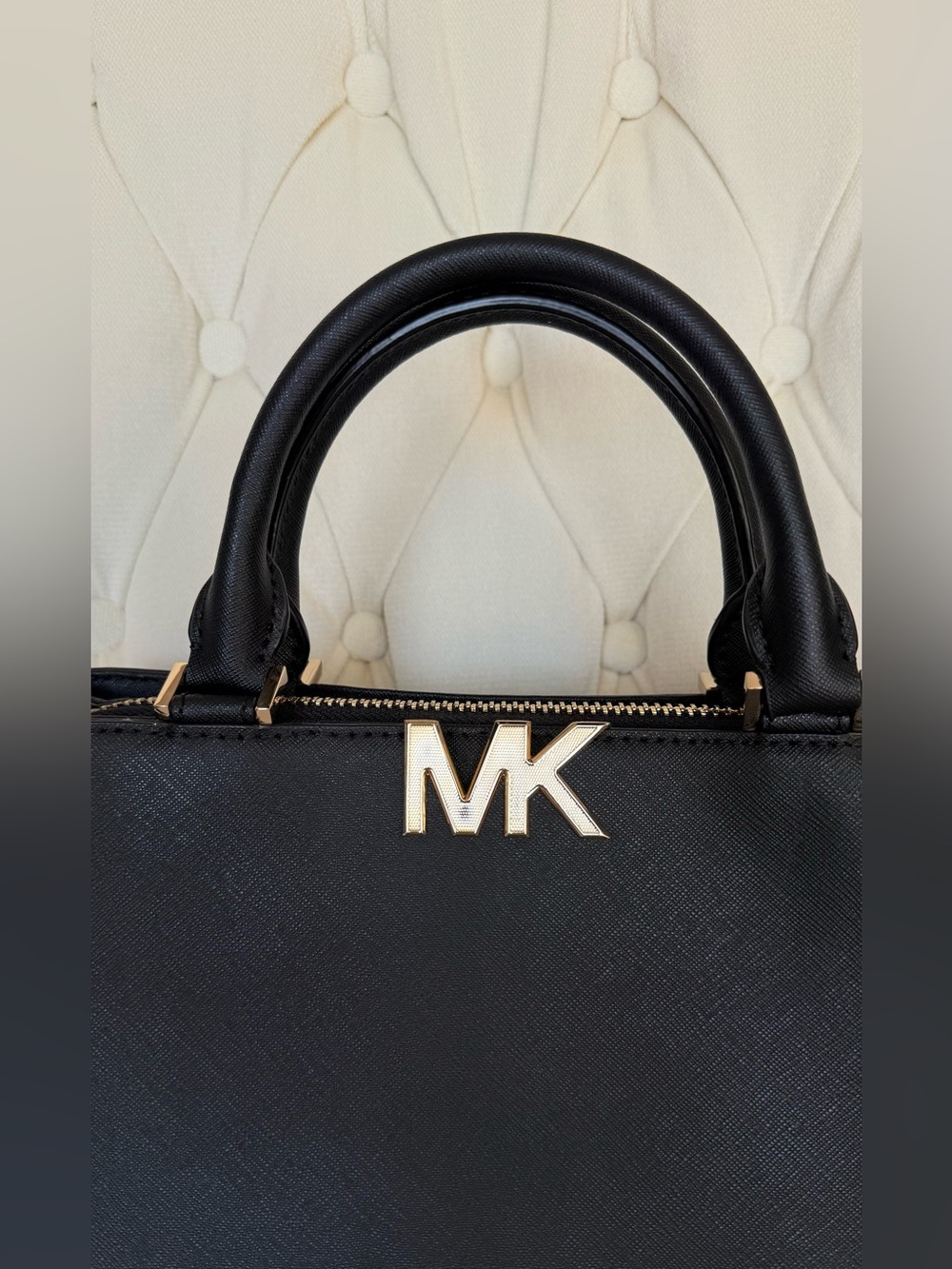 Michael Kors Florence Medium Saffiano Leather Satchel - Black/Gold - Picture 3 of 8